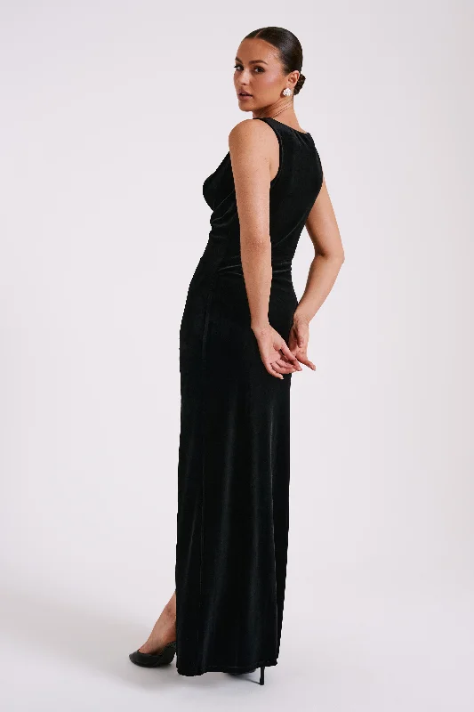 Padma Velvet Maxi Dress With Split - Black