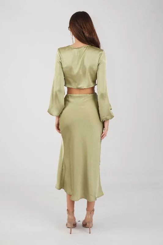 Quinn Satin Set - Long Sleeve Crop Top and Midi Skirt in Olive