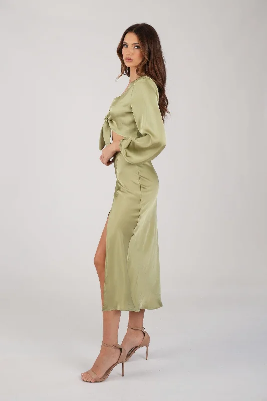 Quinn Satin Set - Long Sleeve Crop Top and Midi Skirt in Olive