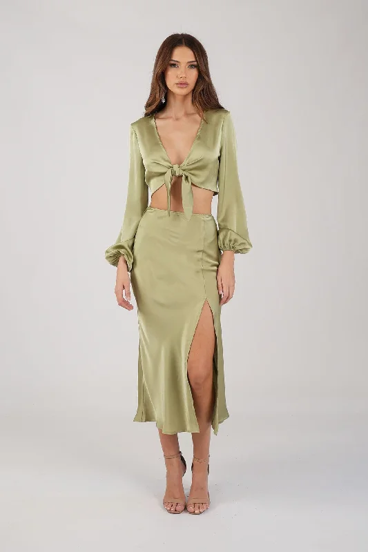 Quinn Satin Set - Long Sleeve Crop Top and Midi Skirt in Olive