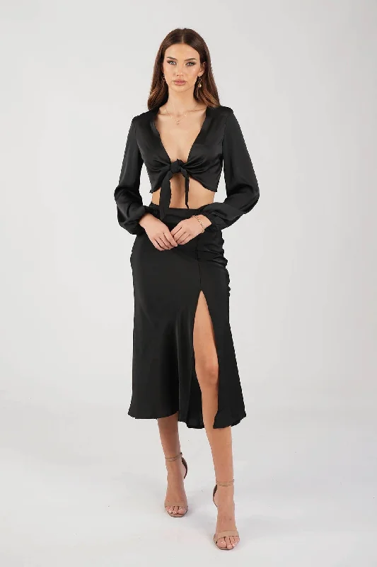 Quinn Satin Set - Long Sleeve Crop Top and Midi Skirt in Black