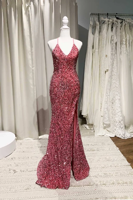 Sample Sale - Zelda Side Slit Velvet Sequin Gown in Pink (XS)