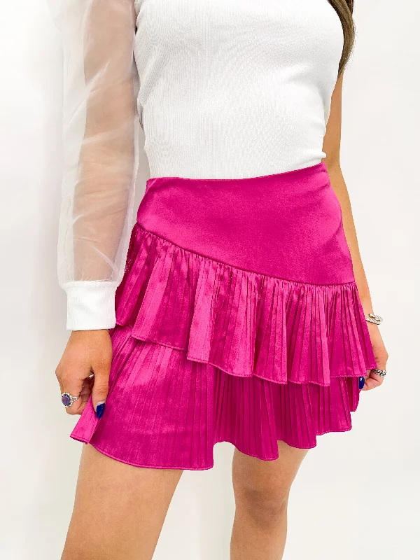 Satin Ruffle Pleated Skirt - Hot Pink