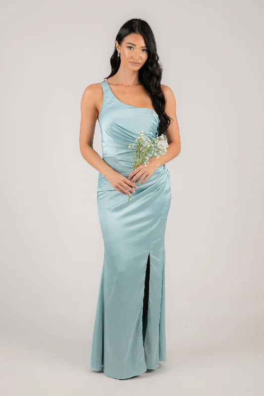 SELENE One Shoulder Satin Maxi Dress - Ice Blue