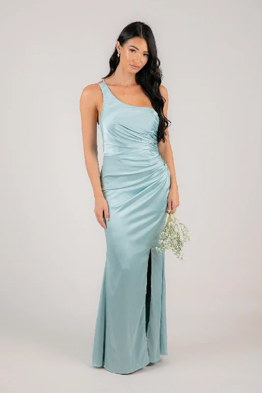 SELENE One Shoulder Satin Maxi Dress - Ice Blue