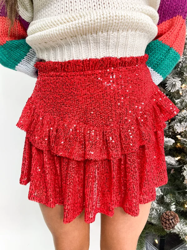 Sequin Ruffle Skort - Red