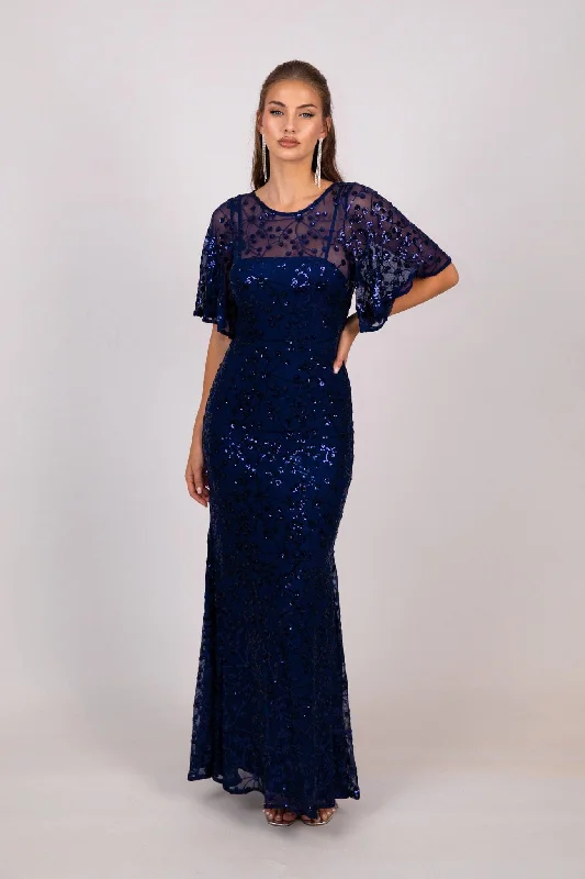 Simona Pattern Sequin Gown - Navy