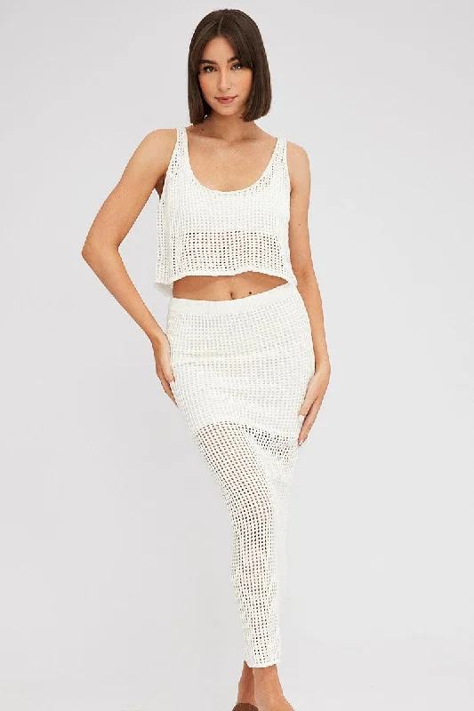 White Knit Skirt Midi Crochet