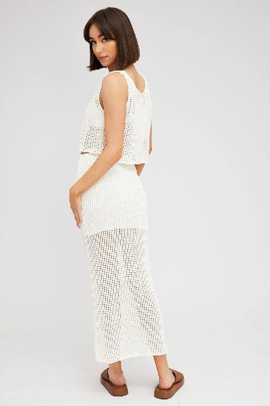 White Knit Skirt Midi Crochet