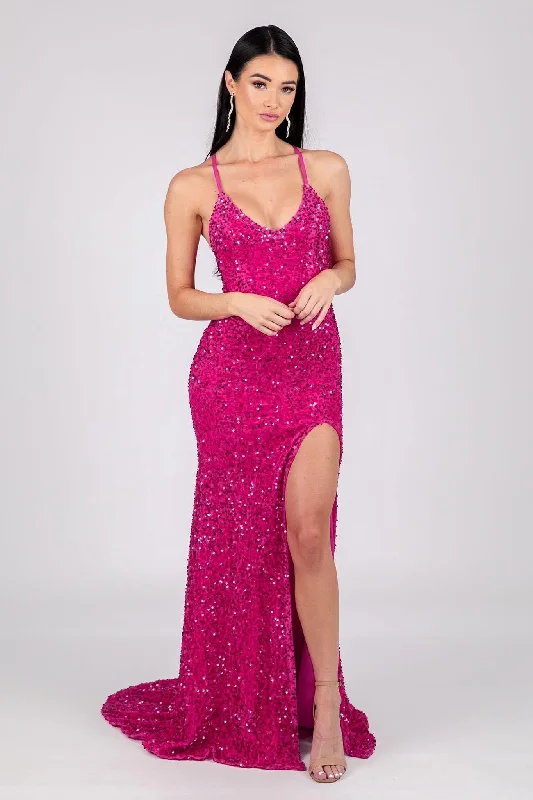 Zelda Side Slit Velvet Sequin Gown - Fuchsia