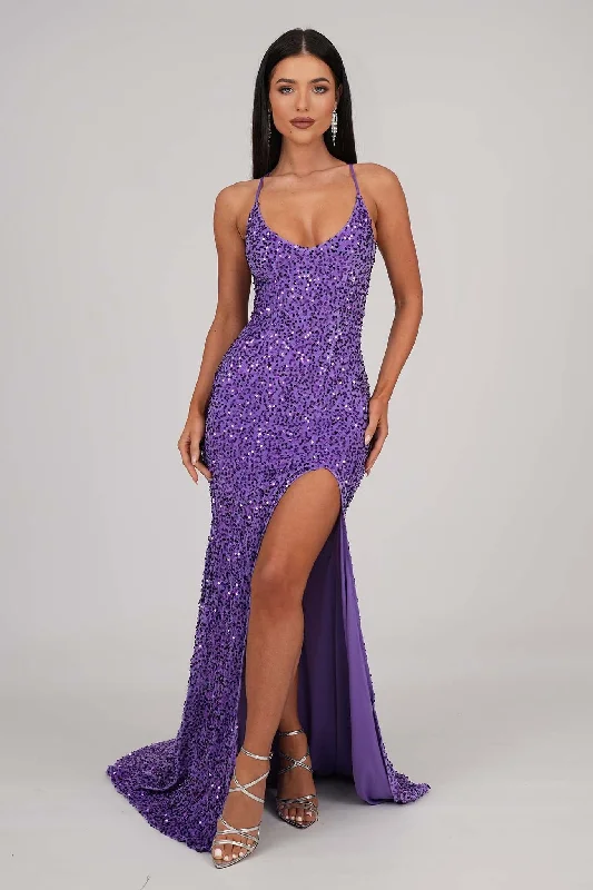 Zelda Side Slit Velvet Sequin Gown - Light Purple