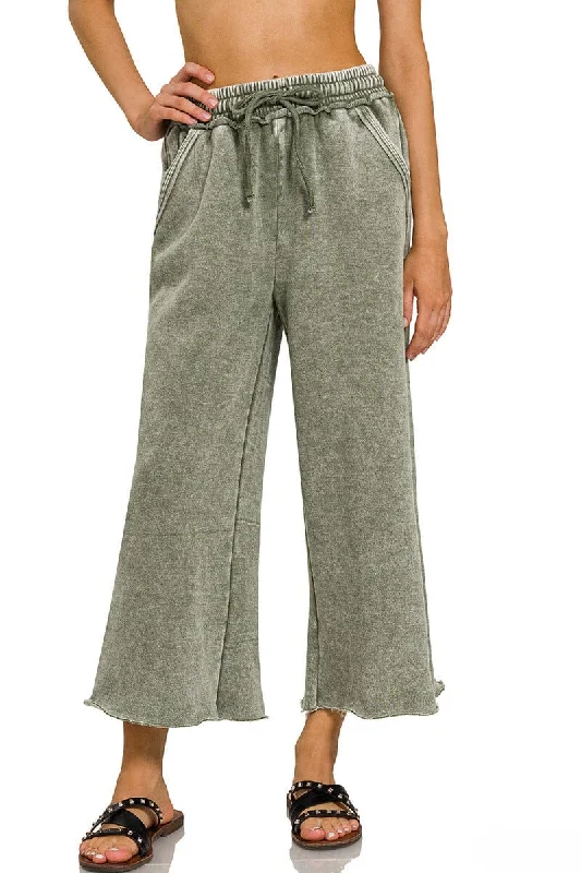 Zenana Acid Washed Fleece Palazzo Sweatpants with Pockets