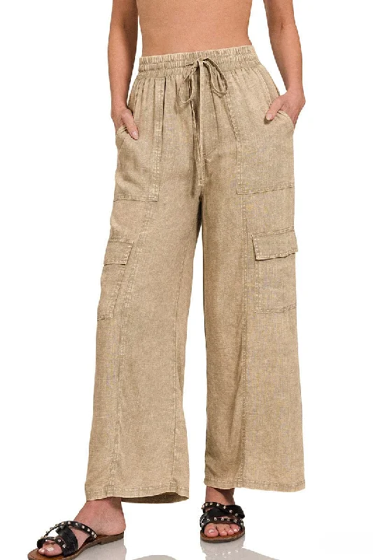 Zenana Washed Linen Elastic Band Waist Cargo Pants