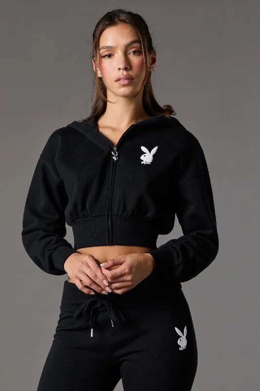 Playboy Graphic Cropped Zip-Up Fleece Hoodie