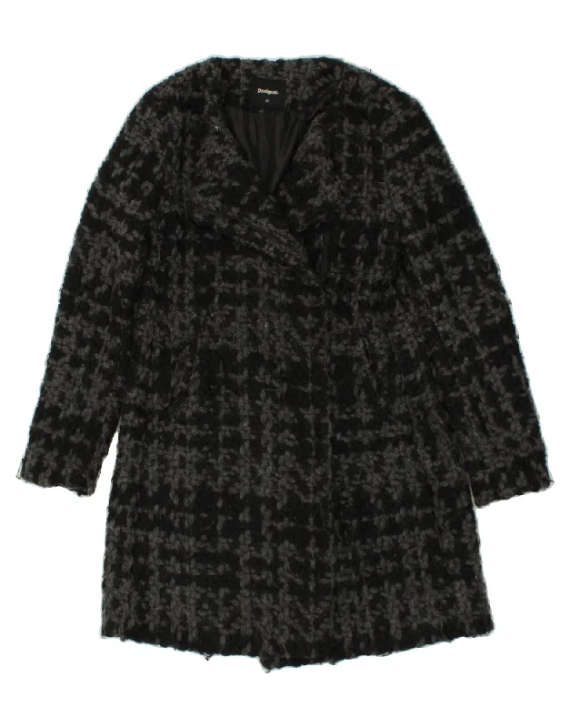 DESIGUAL Womens Overcoat EU 40 Medium Grey Check Wool