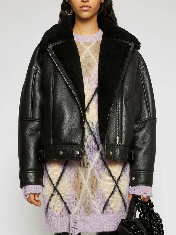 Shearling aviator black fur Leather jacket