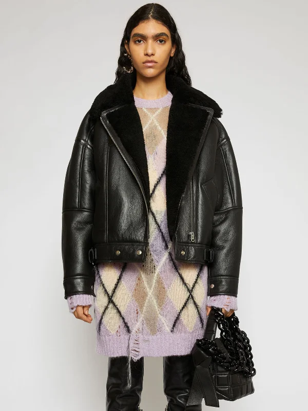 Shearling aviator black fur Leather jacket