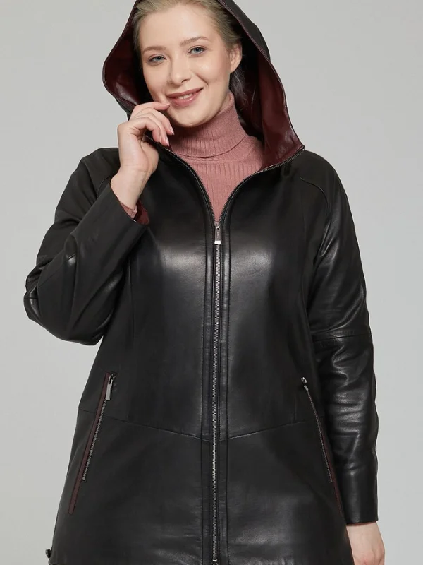 Women Black Leather Hooded Jacket With Long Pockets