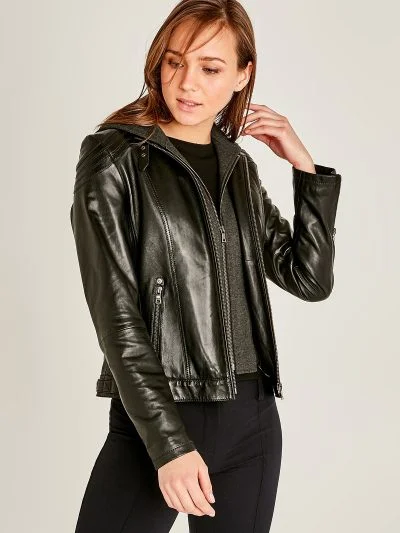 Women Black Real Leather Buckle Collar Jacket