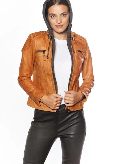 Women Brown Double Zipper Biker Leather Jacket With Hoodie