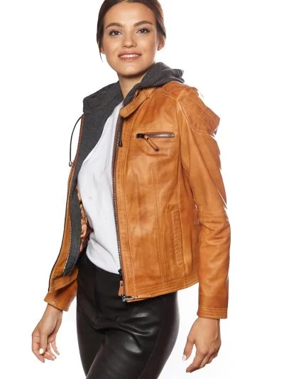 Women Brown Double Zipper Biker Leather Jacket With Hoodie