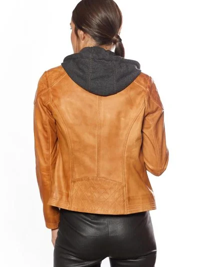 Women Brown Double Zipper Biker Leather Jacket With Hoodie