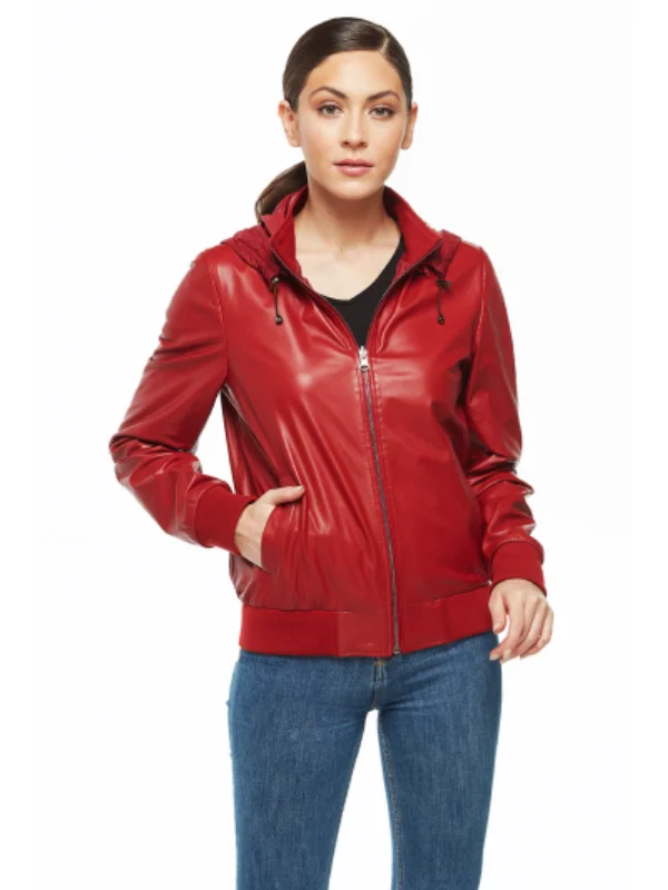 Women Red Lamb Leather Bomber Biker Jacket