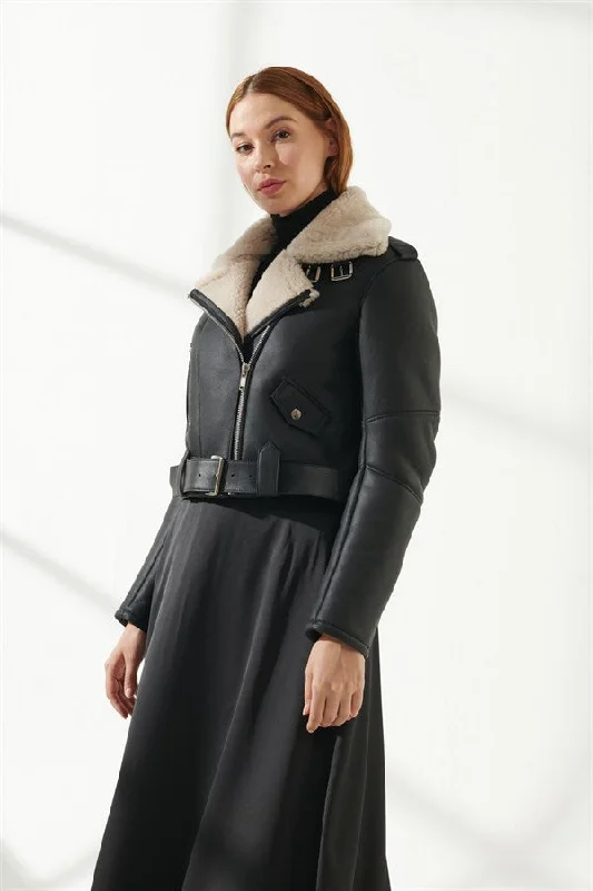 Women's Black Short Length Shearling Leather Jacket