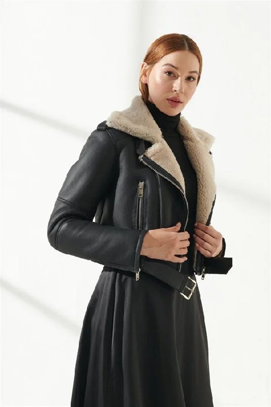 Women's Black Short Length Shearling Leather Jacket