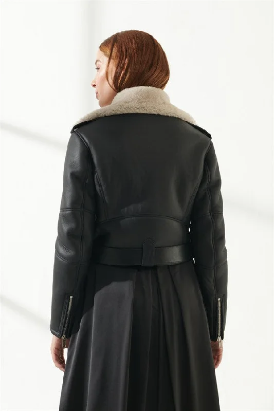 Women's Black Short Length Shearling Leather Jacket