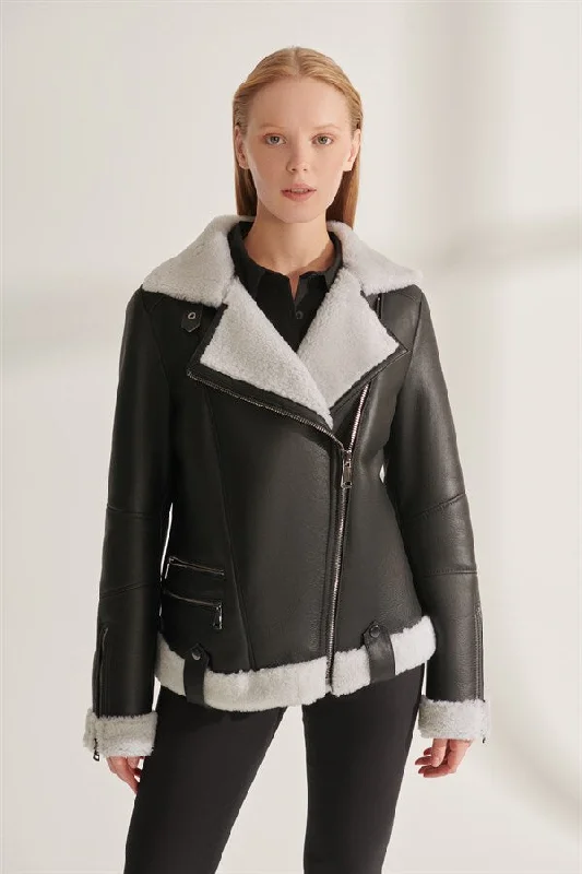 Women's Black Sport Shearling Leather Jacket