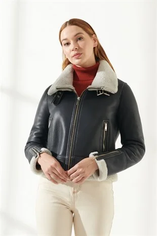 Women's Navy Blue Shearling Leather Jacket