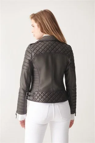 Women's Padded Black Biker Leather Jacket