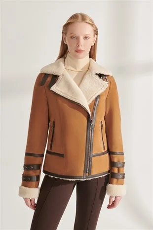 Women's Tan Suede Shearling Leather Jacket