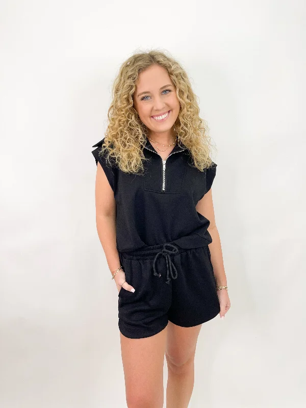 Quarter Zip Sleeveless Shorts Set - Black