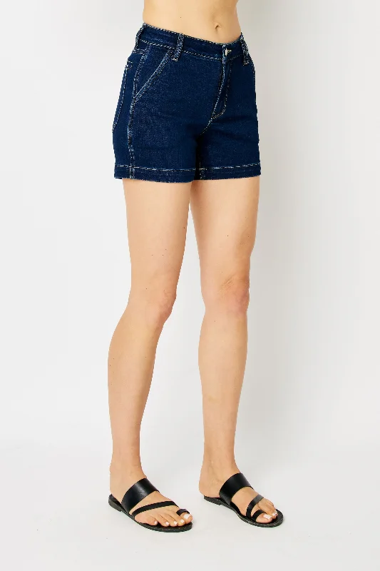 Judy Blue Keep Jumping Mid Rise Carpenter Shorts - Dark Wash