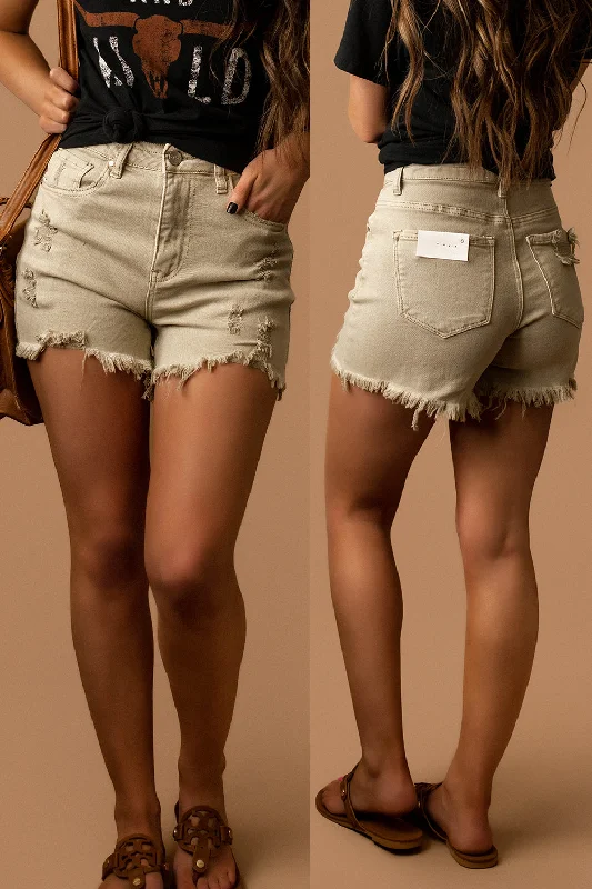 Sadie High-Rise Distressed Denim Shorts (Sand / Khaki)