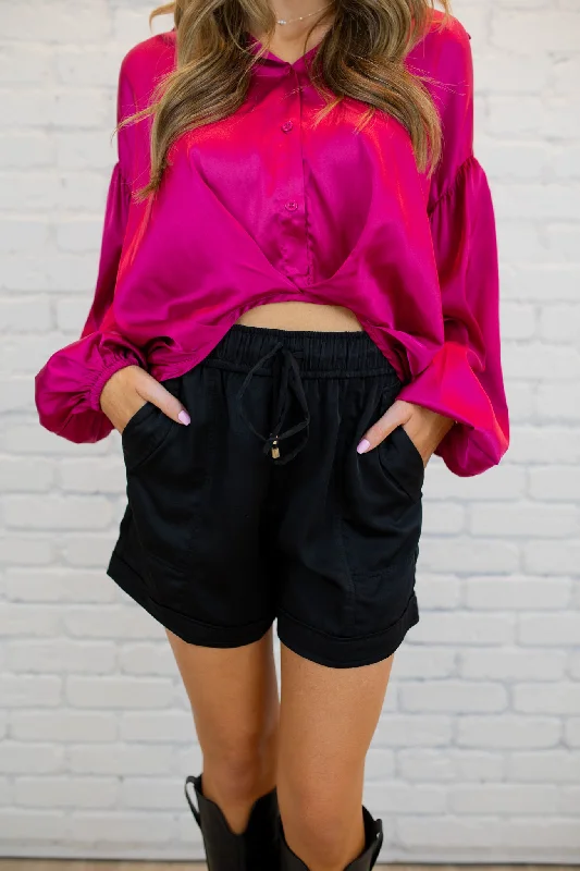 Satin Drawstring Shorts - Black