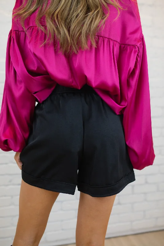 Satin Drawstring Shorts - Black