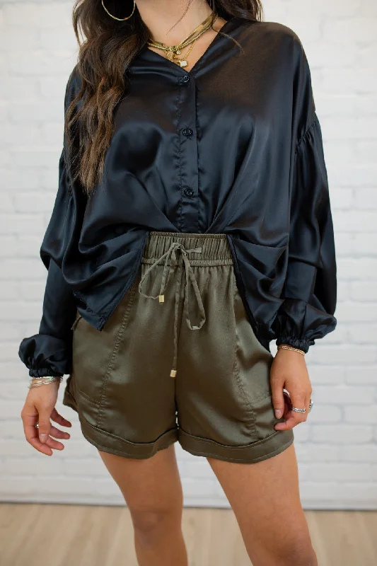 Satin Drawstring Shorts - Dark Olive