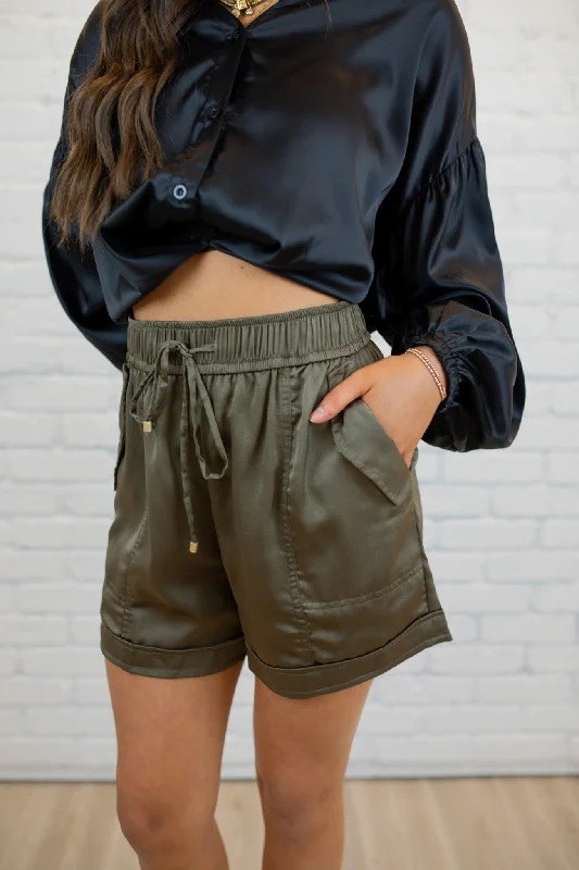 Satin Drawstring Shorts - Dark Olive